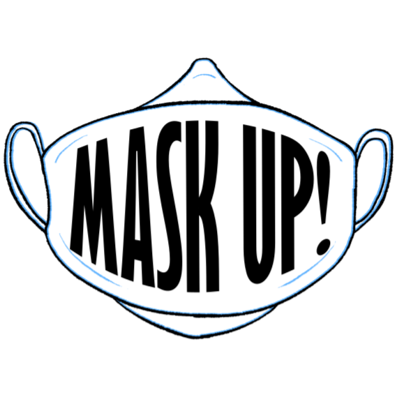 white KN95 mask that says MASK UP!